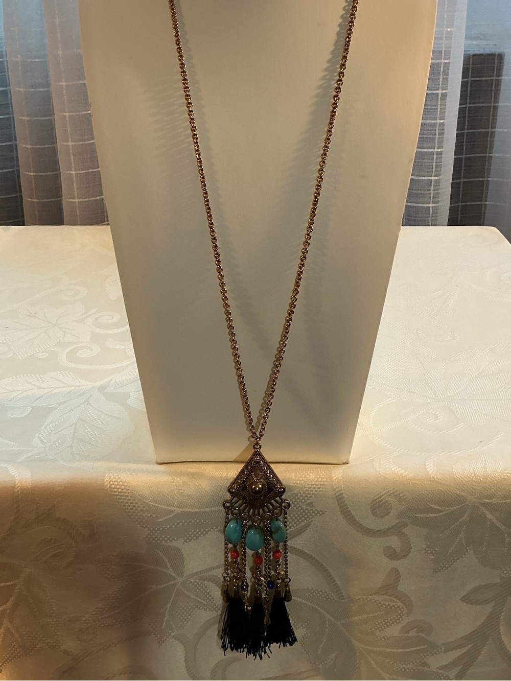 Chandelier Tassel Turquoise Color Coral Blue Bead Gold Tone Necklace